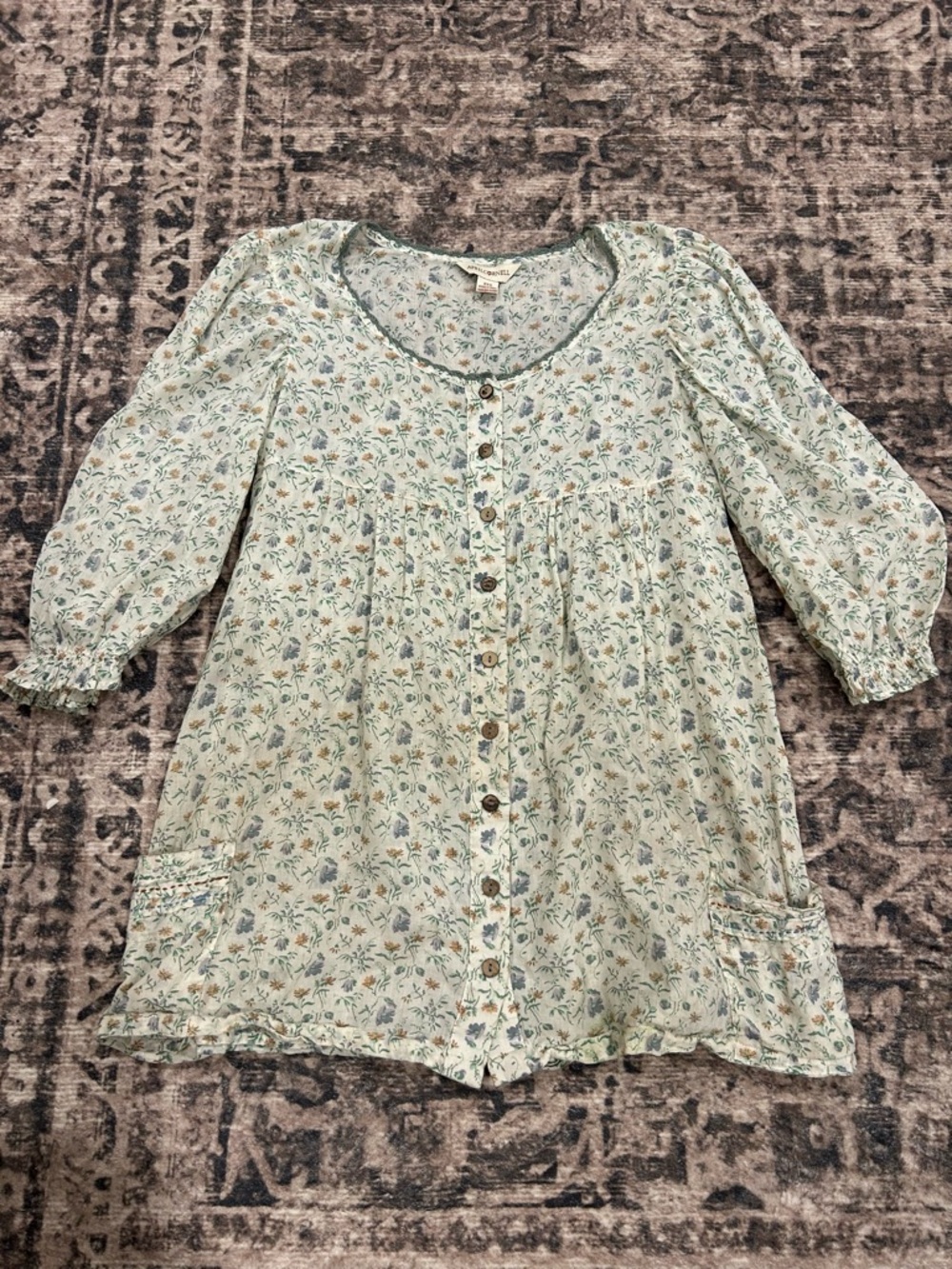 April Cornell Light Floral Button-Front Peasant Blouse - Mint Green